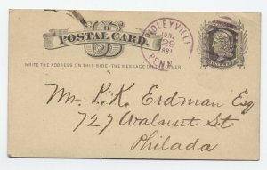 1881 Ridleyville PA duplex handstamp on postal card R7 DPO [S.1493]