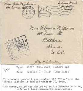 APO 702, Air Service to Pottstown, Pa 1919 Scarce p/m used fm 15-21 Oct (M6933)