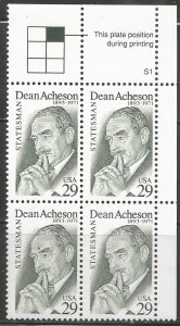 US  2755  MNH,  PLATE BLOCK,  DEAN ACHESON,  STATESMAN