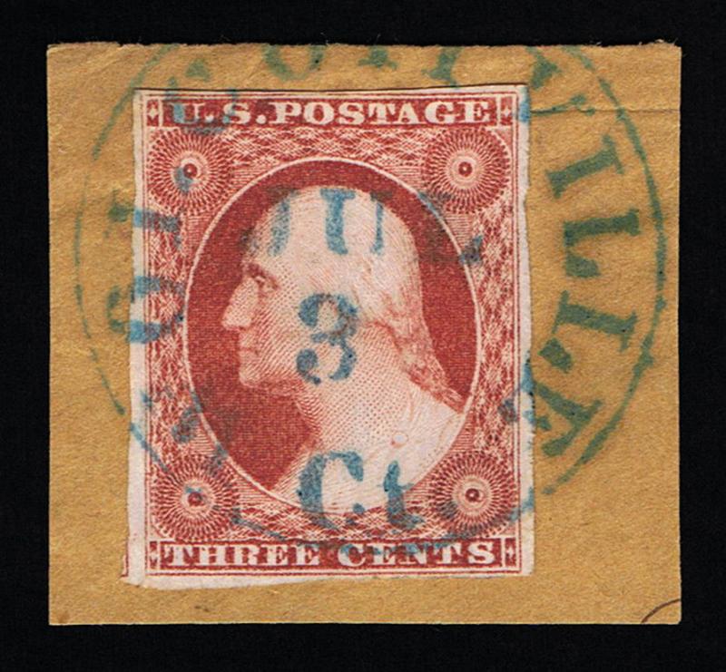 SCOTT #11A TRIPLE TRANSFER WOLCOTTVILLE CT BLUE CANCEL PSE CERT PLATED POS 92L2L