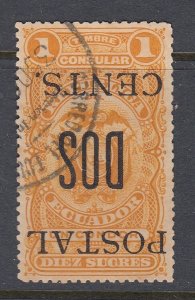 Ecuador 1912 2c on 10s Yellow Inverted Surcharge Used. Scott 219a