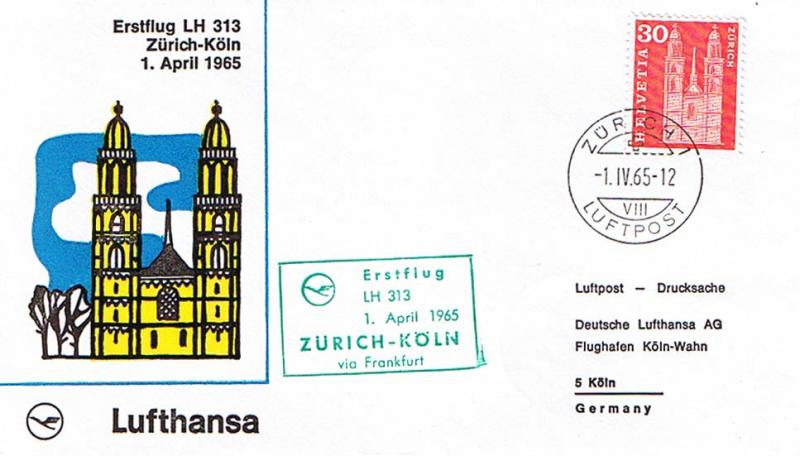 Switzerland 30c Grossmunster Church at Zurich 1965 Zurich 1, Luftpost Lufthan...