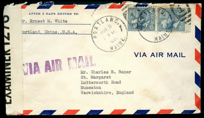 U.S. Scott 820 (2) Prexies on Censored Air Mail Cover to England from Maine