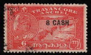 INDIA-TRAVANCORE SG75 1943 8ca on 6ca SCARLET p12½ USED