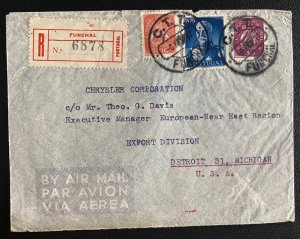 1947 Funchal Portugal Airmail Registered cover to Detroit Mi USA