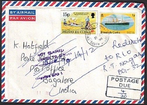 TRISTAN DA CUNHA 1998 Postage due cover to India - Returned to sender......73465