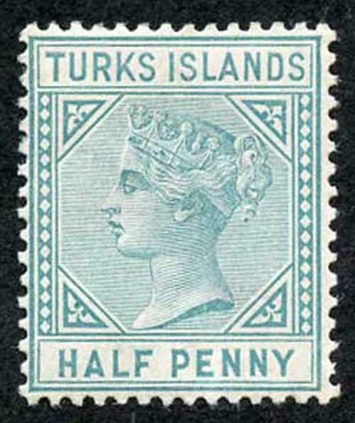 TURKS ISLANDS SG53 1/2d Blue-green Wmk Crown CA Perf 14 Mint (part gum)