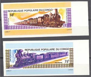 CONGO, SET OF TWO RAILWAY TOPIC STAMPS, 1974, IMPERFORATED,