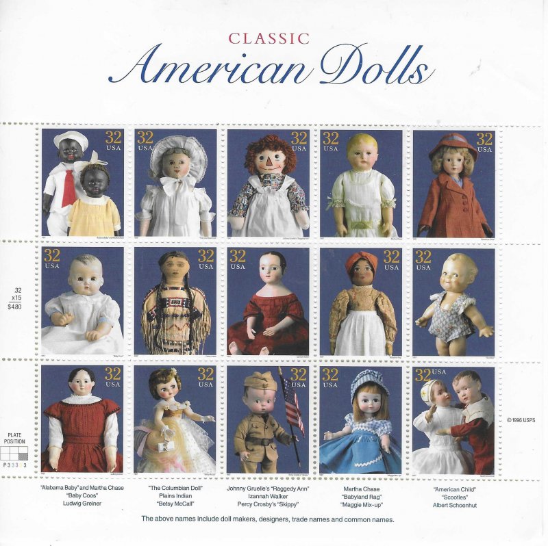 US#3151  32c American Dolls  Sheet of 15 (MNH) CV $13.50