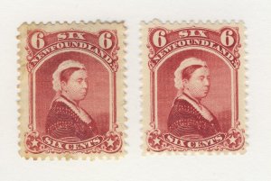 2x Newfoundland Stamps #36-6c Queen Victoria MHR MNG F/VF Guide Value = $80.00