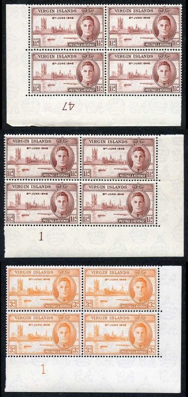 Virgin Islands SG122/3 1946 Victory Plate Blocks of Four (both of the 1 1/2d) U 