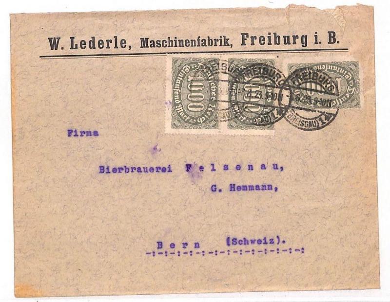 Germany INFLATION FRANKING 1923 *Freiburg* 3000m Rate Cover PTS UU243