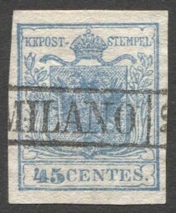 Lombardy-Venetia 1850  Sc 6h 45c Type I Used VF, MILANO Box cancel, cv $100