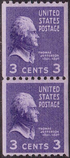Sc 851   3¢ Thomas Jefferson Coil Pair, MNH