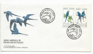 BRAZIL BRASIL 1993 BIRDS ENDANGERED FAUNA AMERICA UPAEP MACAWS FDC COVER