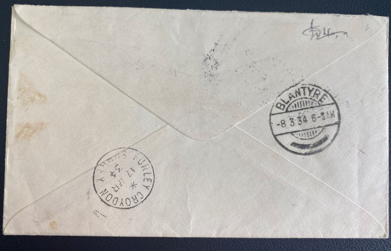 1934 Limbe Nyasaland First Flight Airmail Cover FFC To Croydon England