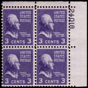 US #807 JEFFERSON MNH UR PLATE BLOCK #24018