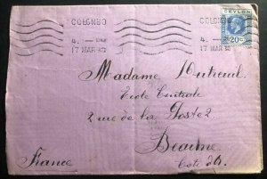 1930 Colombo Ceylon cover To Beaune France