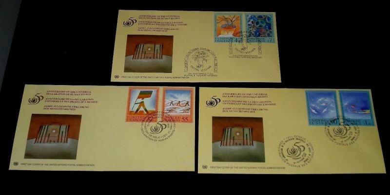 U.N. 1998, HUMAN RIGHTS, SET/2 SINGLES ON FDCs, 3 OFFICES,NICE! LQQK!