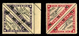 Liberia #C48A-B, 1944 50c and 70c Surcharges, tete-beche pairs, never hinged,...