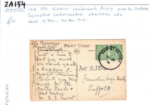 GB Hants Card *CHRISTCHURCH* SKELETON CDS KGV ½d{2} Suffolk PPC 1918 ZA154