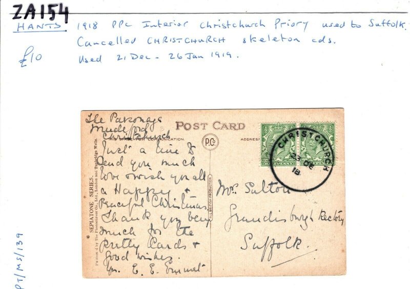 GB Hants Card *CHRISTCHURCH* SKELETON CDS KGV ½d{2} Suffolk PPC 1918 ZA154