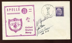 APOLLO 15 ASTRONAUT CREW SIGNED USS KAWISHIWI USN RECOVERY COVER LV5403