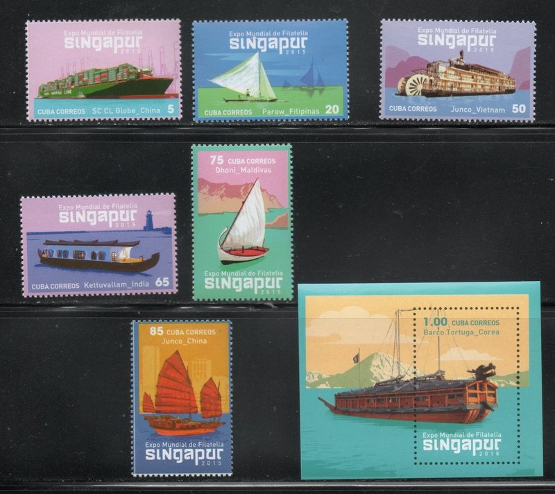 CUBA Sc# 5693-5699  SHIPS boats SINGAPORE PHILEX  Cpl set of 6 + SS  2015  MNH