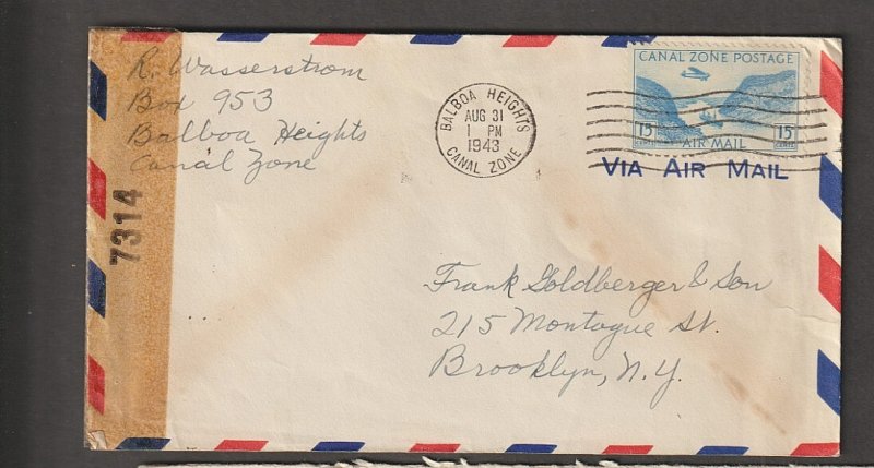 CANAL ZONE C10 Airmail  on  1943 Censored Cover- BALBOA HEIGHTS Brooklyn NY