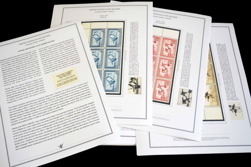COLOR PRINTED USA FED DUCK PLATE BLOCKS 1934-2020 STAMP ALBUM PAGES (91 ill. pg)