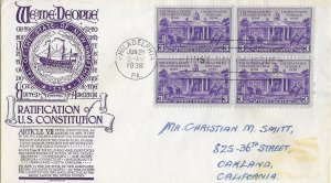 1938 FDC, #835, 3c Ratification of Constitution, Anderson, block of 4
