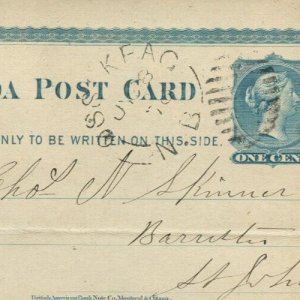 ?  OSSEKEAG, N. B. LARGE DOUBLE split ring 1876 postal stat card Canada