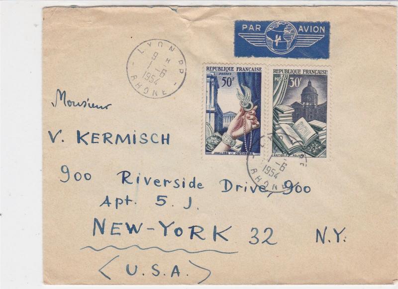 Republique France 1954 Lyon Cancel Airmail to USA Double Stamps Cover Ref 23415