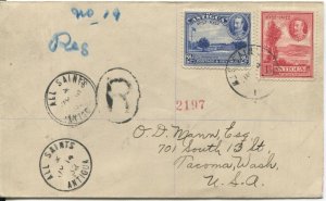 1932 ALL SAINTS ANTIGUA cds on registered cover to U.S.A.