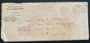 1942 Balboa Canal Zone Panama Postal Service Official Mail Cover To Pearl Harbor 