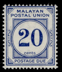 MALAYSIA - Malayan Postal Union GVI SG D13, 20c blue, NH MINT.