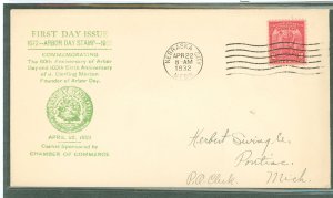 US 717 1932 2c Arbor Day/60th anniversary (single) on an addressed first day cover with a Nebraska City Chamber of Commerce cach