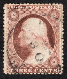 Used 1857 3c Brownish Carmine Washington Type III, Scott #26