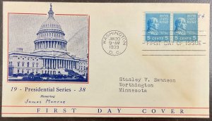 845 Unknown cachet James Monroe Coils Presidential Series FDC 1939