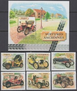 BENIN Sc# 1101-7 CPL MNH SET of 6 + SOUVENIR SHEET of ANTIQUE AUTOMOBILES