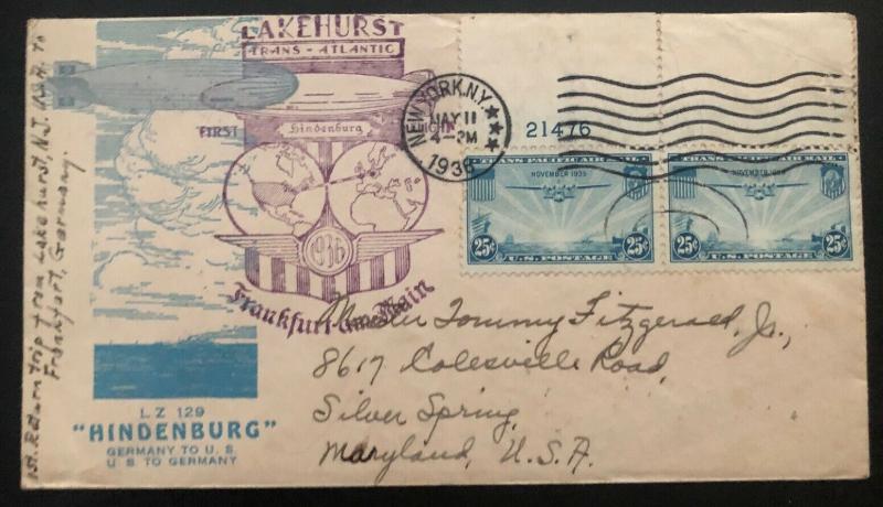 1936 New York City USA Hindenburg Zeppelin First FLight cover Silver Spri LZ 129