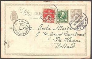 DENMARK 1906 3ore postcard uprated used to Holland.........................76380