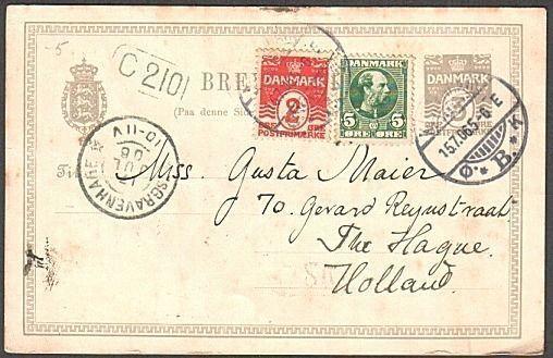 DENMARK 1906 3ore postcard uprated used to Holland.........................76380