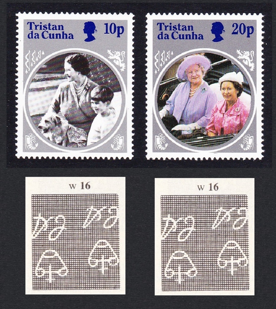 Tristan da Cunha Queen Mother 2v 10p 20p Watermark varieties 1985 MNH