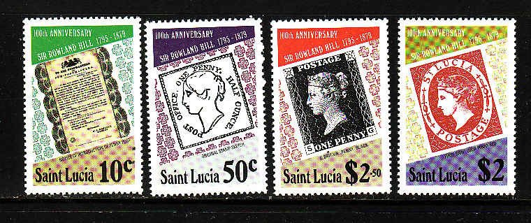 St Lucia-Sc#478-81-unused NH set-Rowland Hill-Stamp on Stamp-1979-