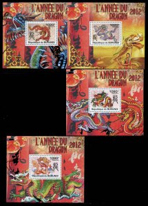 Burundi  1016-19, 1020 a-d MNH, Year of the Dragon Souvenir Sheets from 2011.