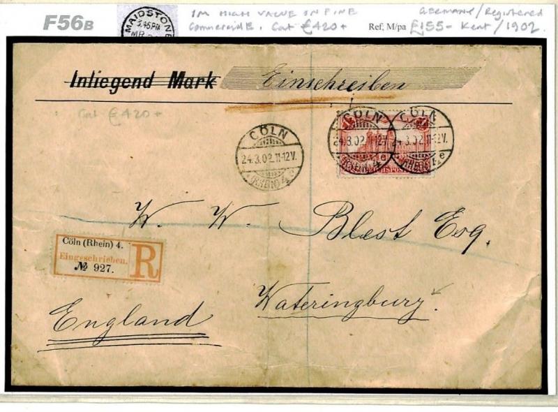 GERMANY Cover 1m *REICHSPOST* HIGH VALUE Registered Coln 1902 Scott $400 F56b