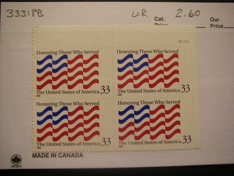 Scott 3331, 33c Honoring Those Who Served, PB4 #V111 UR, MNH Commemorative Beaut