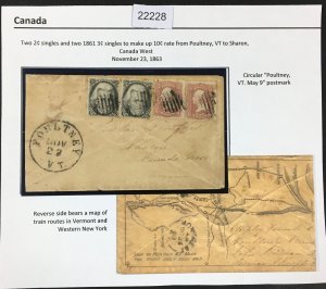 MOMEN: US STAMPS # 65, 73 PAIRS ON COVER USED TO CANADA LOT #22228