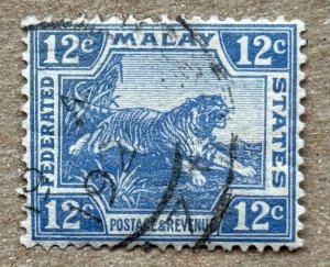 Malaya FMS 1922 12c Tiger, nicely used. Scott 65, CV $0.25. SG 68